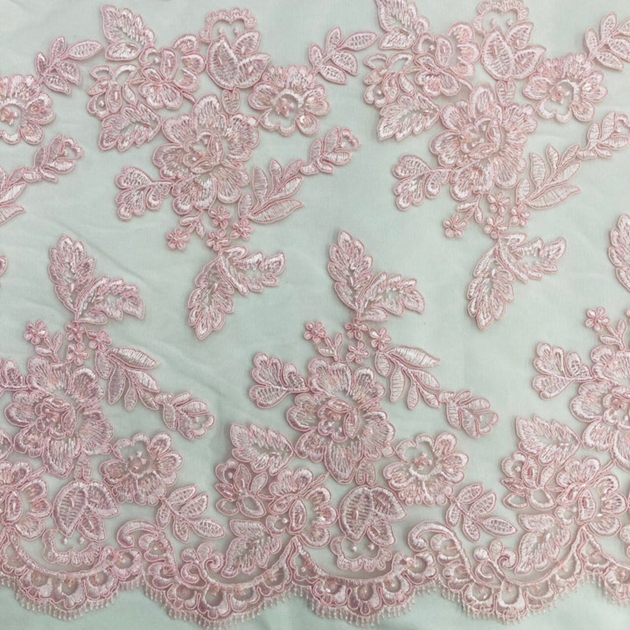 1 Yard Elegant Beaded and Corded Bridal Lace Fabric Embroidered on 100% Polyester Net Mesh White